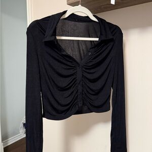 SHEIN Black Ruched Long Sleeve Collared Crop Top